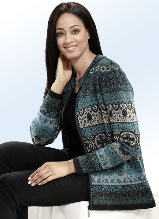 - Strickjacke mit Schurwolle, in Größe 038 bis 052, in Farbe PETROL-BEIGE-MULTICOLOR