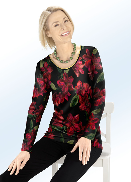 Langarm - Shirt mit Glanzband am Rundhalsausschnitt, in Größe 038 bis 052, in Farbe SCHWARZ-ROT