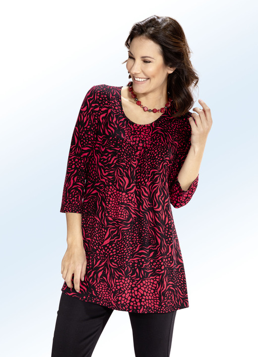 3/4-Arm - Longshirt mit Faltenlegung im Vorderteil, in Größe 038 bis 056, in Farbe SCHWARZ-ROT
