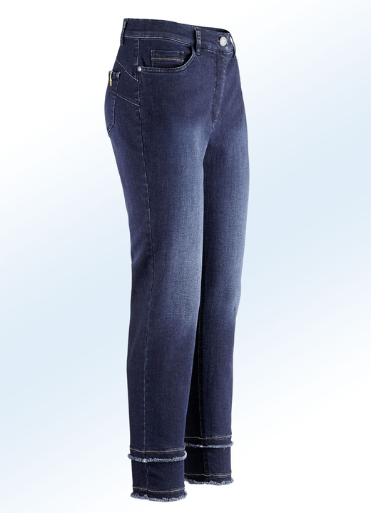 Hosen - Knöchellange Jeans mit funkelnden Zierbändern und Fransensam, in Größe 017 bis 052, in Farbe DUNKELBLAU Ansicht 1