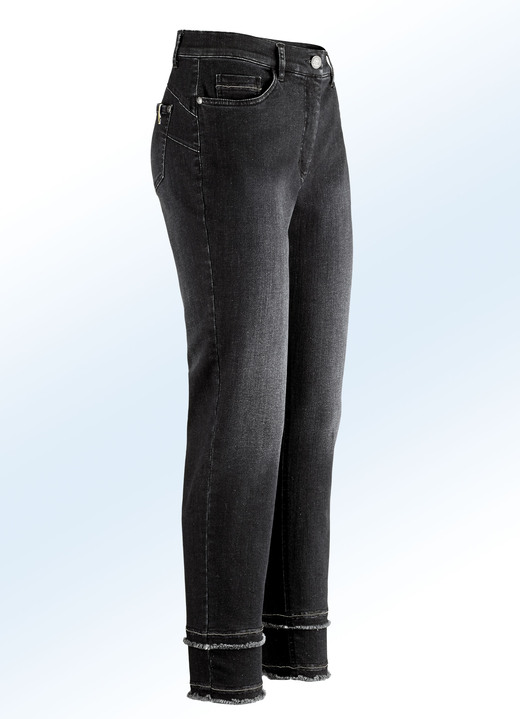 Hosen - Knöchellange Jeans mit funkelnden Zierbändern und Fransensam, in Größe 017 bis 052, in Farbe SCHWARZ Ansicht 1