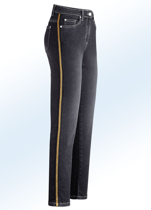 Hosen - Jeans mit effektvoll funkelndem Zierband, in Größe 017 bis 052, in Farbe SCHWARZ Ansicht 1