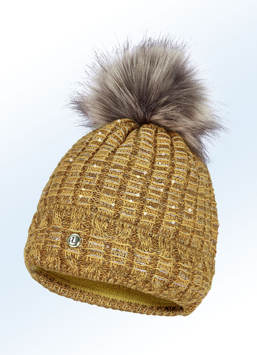 Mützen & Hüte - Strickmütze mit flauschigem Kunstpelz-Bommel, in Farbe HONIG Ansicht 1