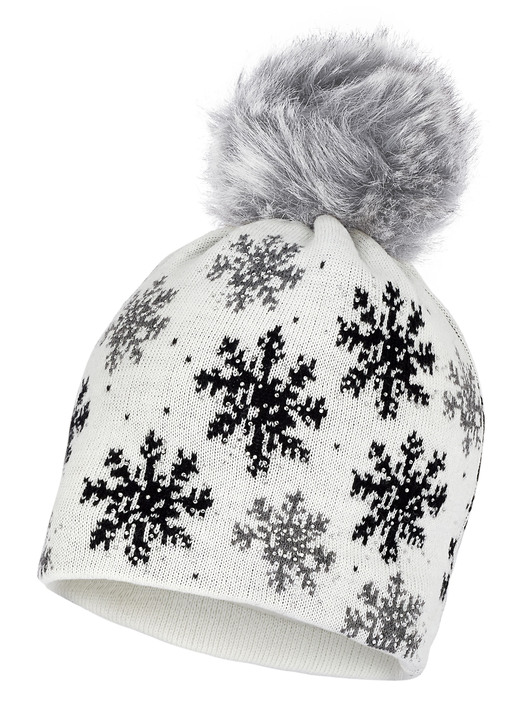 Mützen & Hüte - Trendige Damen-Mütze mit Schneeflocken-Dessin, in Farbe WEISS Ansicht 1