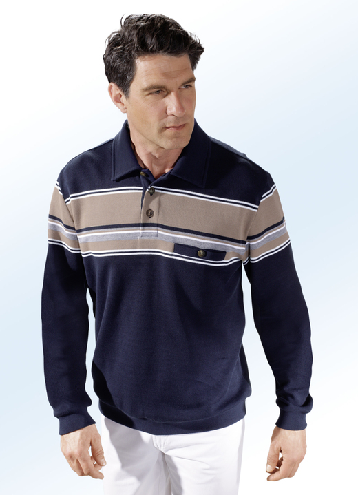 - Poloshirt mit knöpfbarer Brusttasche, in Größe 046 bis 062, in Farbe MARINE-BEIGE