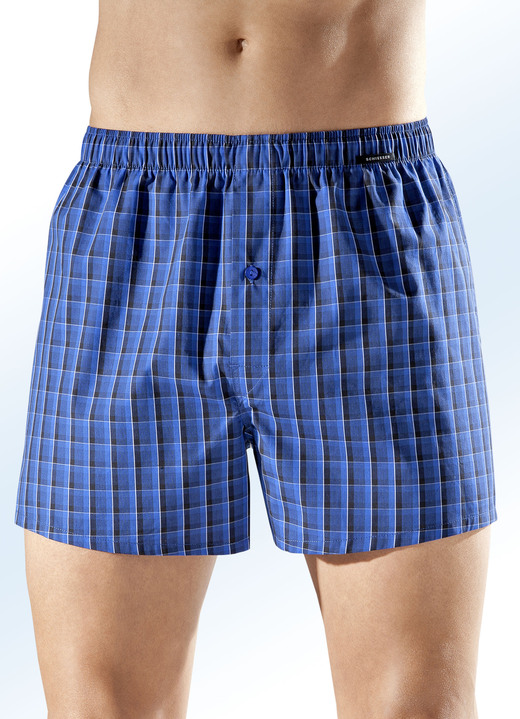 - Schiesser Zweierpack Boxershorts, bunt dessiniert, in Größe 004 bis 008, in Farbe 1X BLAU-SCHWARZ-KARIERT, 1X UNI BLAU MELIERT Ansicht 1
