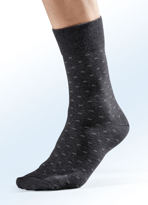 Strümpfe - Fünferpack Socken mit handgekettelter Spitze und druckfreiem Bund, in Größe 001 (Schuhgrösse 39-42) bis 003 (Schuhgrösse 47-50), in Farbe 2X SCHWARZ DESSINIERT, 1X UNI SCHWARZ, 1X ANTHRAZIT DESSINIERT, 1X UNI ANTHRAZIT Ansicht 1
