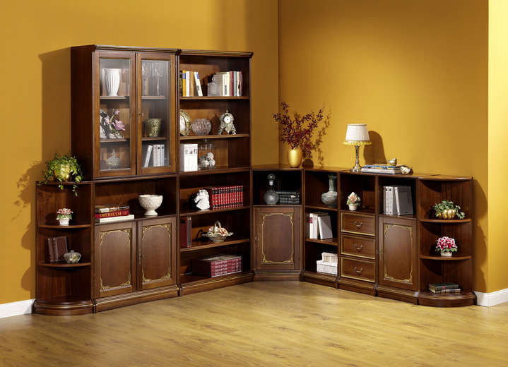 - Teilmassive Möbel mit goldfarbenen Verzierungen, in Farbe NUSSBAUM-GOLD, in Ausführung Regal, breit