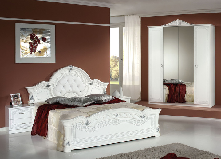 - Schlafzimmer-Set, 4-teilig, mit Hochglanz-Oberfläche, in Farbe WEISS-SILBER, in Ausführung Set mit 4-türigem Kleiderschrank