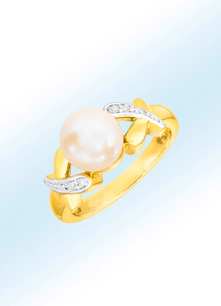 Edler Damenring mit Diamanten und  Akoya-Perle