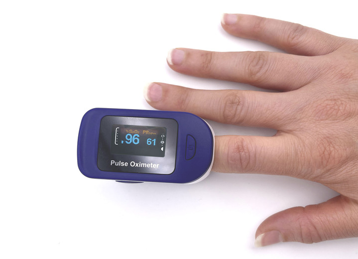 - Fingerpuls Oximeter, in Farbe BLAU-WEISS