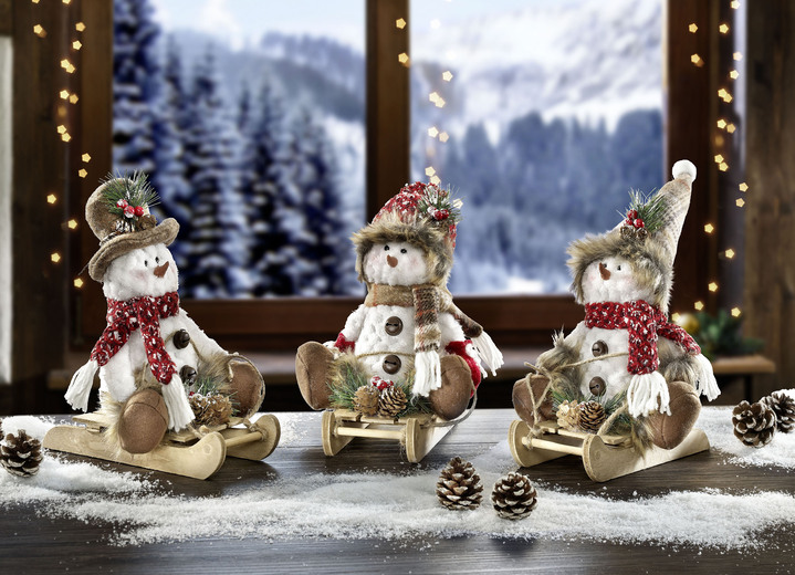 Weihnachten - Schneemänner, 3er-Set, auf Schlitten aus Holz, in Farbe BUNT