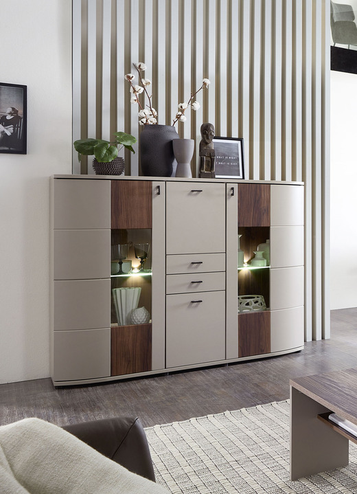 Vitrinen - Highboard mit LED-Beleuchtung, in Farbe BASALT-NUSSBAUM