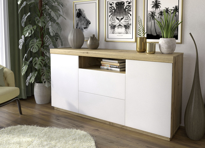 - Modernes Sideboard mit Push-to-open-System, in Farbe WOTAN EICHE-WEISS