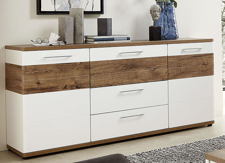 - Modernes Sideboard mit tollem Dekor, in Farbe WEISS MATT/HAVELEICHE, in Ausführung Sideboard Ansicht 1