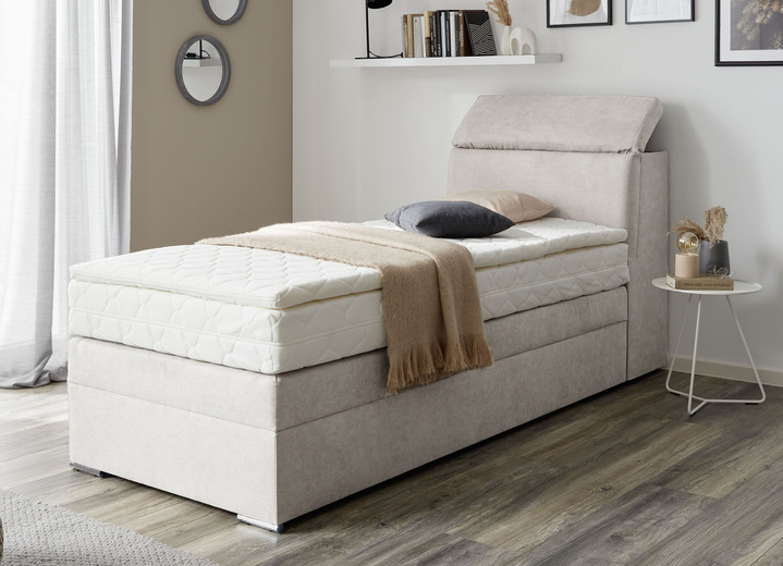 - Bett mit Stauraum im Kopfteil, in Farbe BEIGE, in Ausführung Boxspringbett