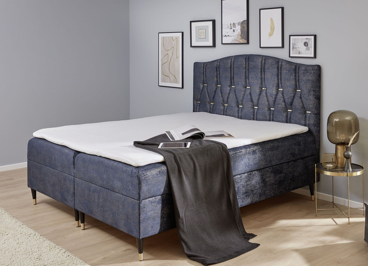 Boxspringbetten - Boxspringbett mit Topper und 2 Bettkästen, in Farbe BLAU-GOLD Ansicht 1