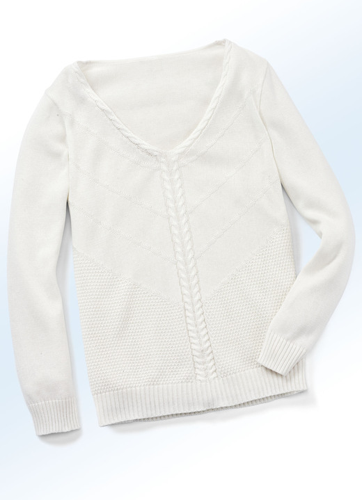 Pullover & Strickmode - Pullover mit Zopfstreifen, in Größe 040 bis 050, in Farbe WOLLWEISS