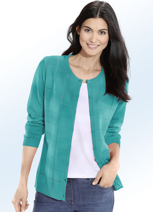 - Strickjacke mit Karo-Ajourmuster, in Größe 038 bis 052, in Farbe SMARAGDGRÜN Ansicht 1