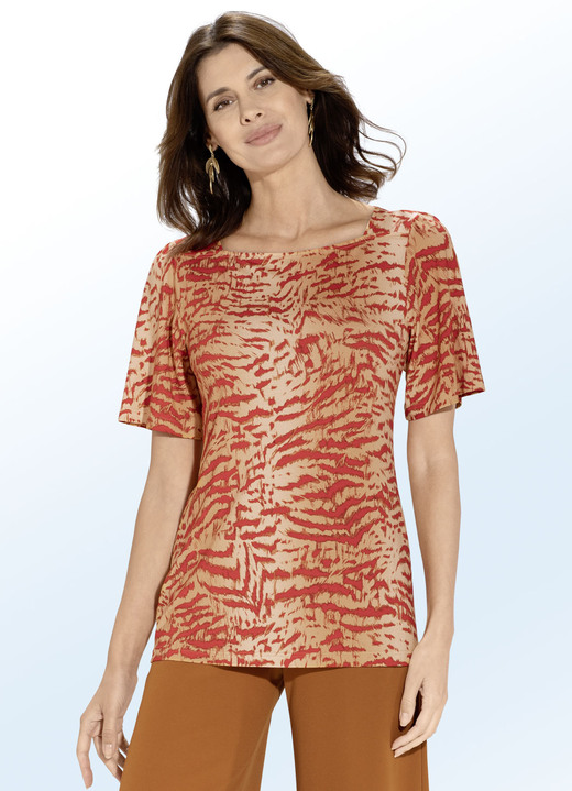 Kurzarm - Shirt mit dezenter Kräuselung an den Ärmeln, in Größe 038 bis 054, in Farbe ORANGE-ROT