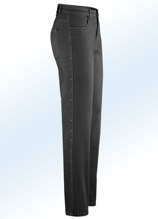 Hosen mit Knopf- und Reißverschluss - Edel-Jeans mit Zierband und Strasssteinen, in Größe 017 bis 235, in Farbe SCHWARZ Ansicht 1