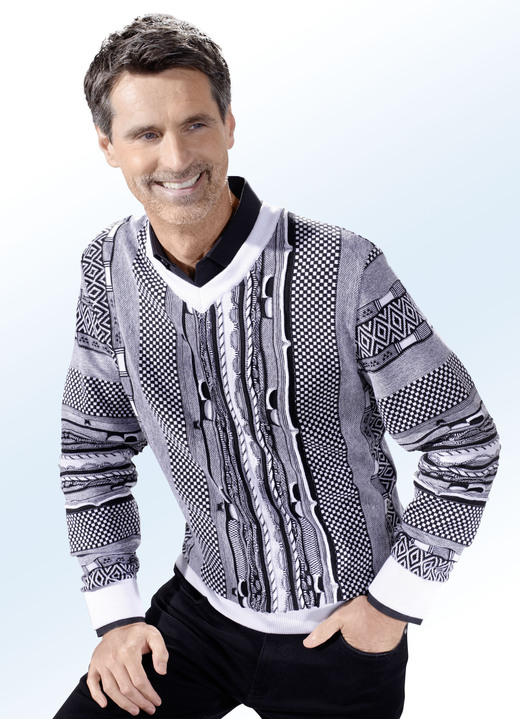 - Aufwendig verarbeiteter V-Pullover, in Größe 046 bis 060, in Farbe SCHWARZ-WEISS