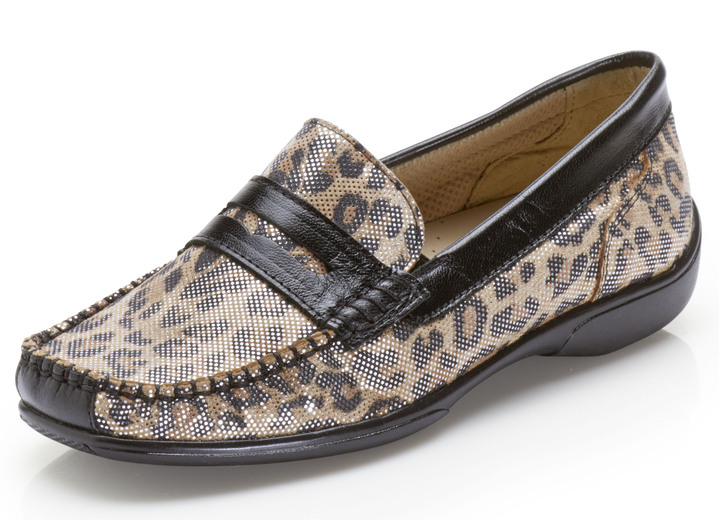 Slipper & Schnürschuhe - Slipper mit rassigem Leo Print , in Größe 036 bis 042, in Farbe SCHWARZ-CAMEL Ansicht 1