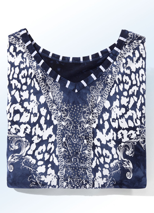 Kurzarm - Longshirt mit V-Ausschnitt in 2 Farben Kurzarm - Longshirt mit V-Ausschnitt in 2 Farben, in Größe 036 bis 054, in Farbe MARINE BATIK