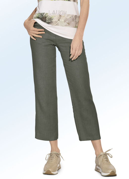 Hosen mit Knopf- und Reißverschluss - Hochwertige Leinen-Hose, in Größe 019 bis 052, in Farbe OLIV
