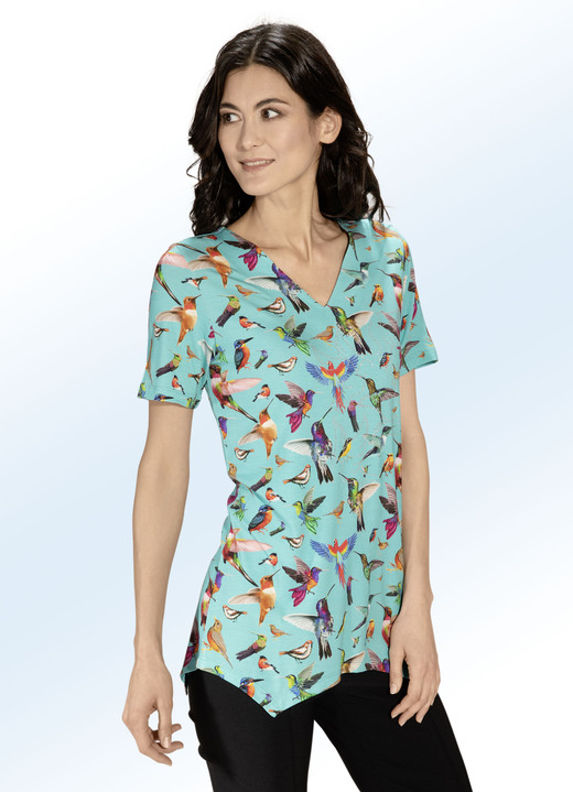 - Longshirt mit Vogel-Motiv, in Größe 038 bis 054, in Farbe TÜRKIS-BUNT