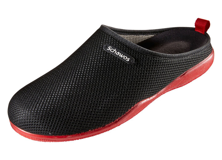 Hausschuhe - Pantoffeln mit rutschhemmender Synthetik-Laufsohle, in Größe 036 bis 041, in Farbe SCHWARZ-ROT Ansicht 1