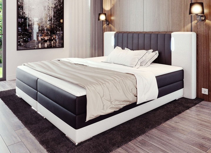 - Boxspringbett mit Touch-LED und Topper, in Farbe SCHWARZ-WEISS