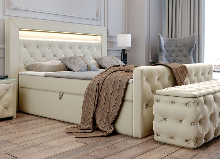 Boxspringbetten - Boxspringbett mit LED-Beleuchtung und Topper, in Farbe CREME Ansicht 1