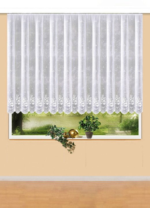 Klassisch - Floraler Blumenfenster-Store mit Universalschienenband, in Größe 145 (H120xB600 cm) bis 183 (H175xB450 cm), in Farbe WEISS Ansicht 1