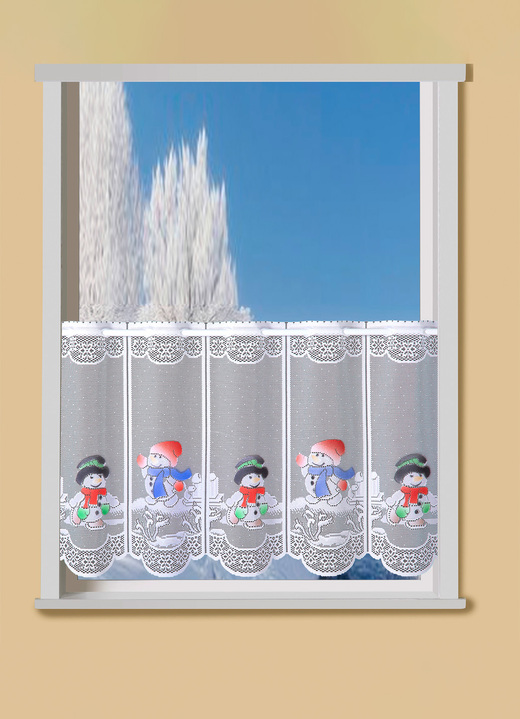 Kurzgardinen - Handcolorierter Kurzstore Schneemänner mit Stangendurchzug, in Größe 784 (H45xB 90 cm) bis 864 (H60xB165 cm), in Farbe BUNT Ansicht 1