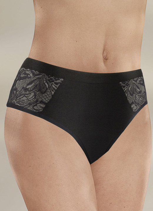 Inkontinenz - Damen Inkontinenz Slip mit Spitze von Con-ta, in Größe 036 bis 052, in Farbe SCHWARZ, in Ausführung 2 Lagen Frottee, 3er-Pack