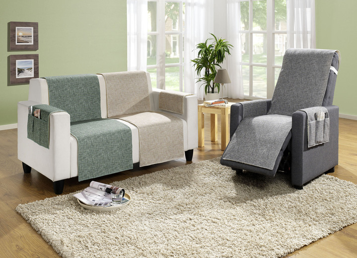 Sessel- & Sofaüberwürfe - Wohnaccessoires aus 100% Baumwolle, Unterseite 100% Schurwolle, in Farbe GRÜN, in Ausführung TV-Sesselschoner mit Schurwoll-Wendeseite Ansicht 1