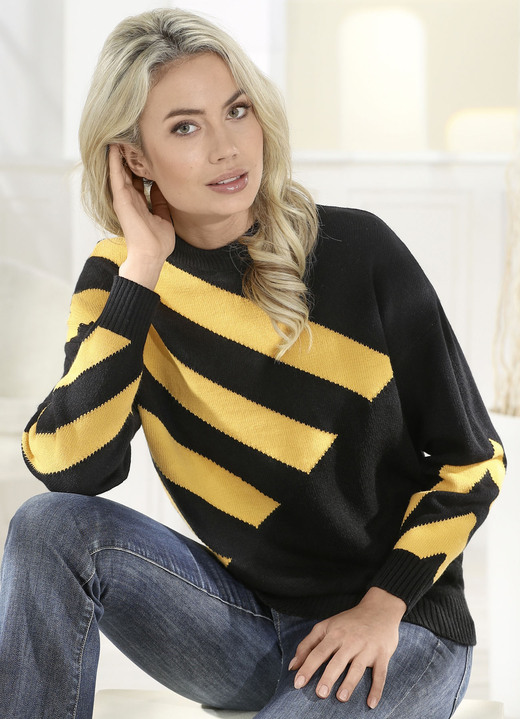 Langarm - Pullover mit Intarsienmuster, in Größe 036 bis 052, in Farbe SCHWARZ-GELB Ansicht 1
