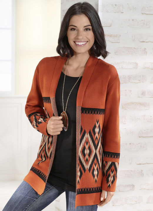 - Strickjacke mit Glitzereffekt, in Größe L(44/46) bis XS(32/34), in Farbe ROST-SCHWARZ-BEIGE