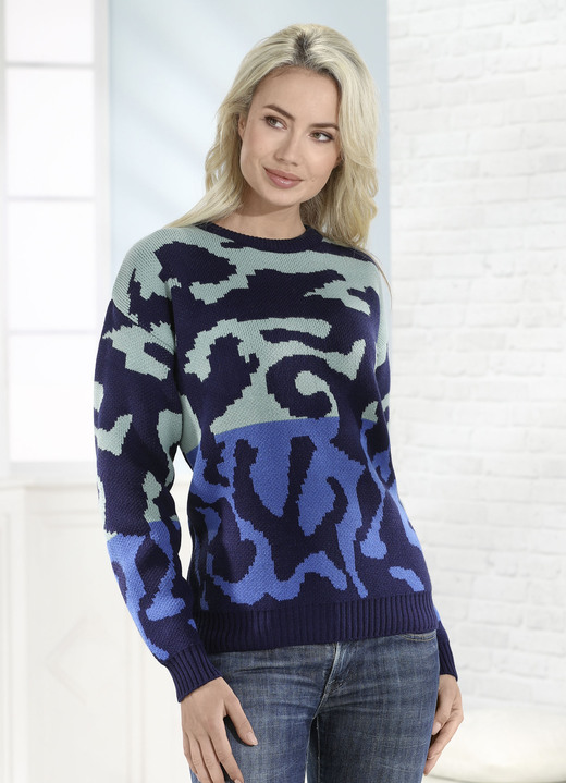 Pullover & Strickmode - Pullover in Jacquard-Dessin, in Größe L(44/46) bis XL(48/50), in Farbe MARINE-MINT-BLAU