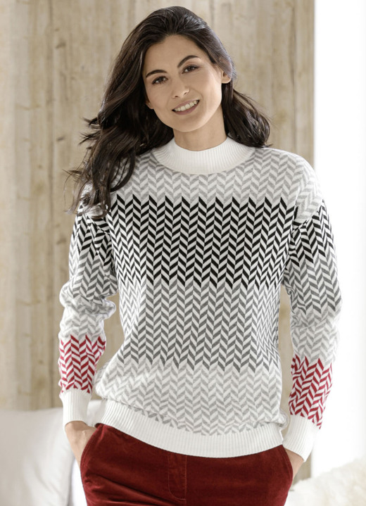 Langarm - Pullover in Jacquard-Dessin, in Größe 036 bis 052, in Farbe ECRU-GRAU MELIERT-MULTICOLOR Ansicht 1