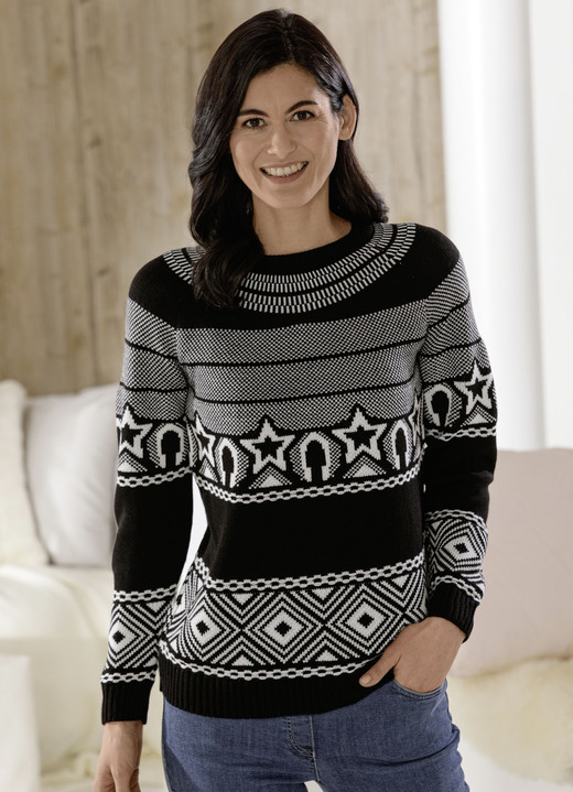Langarm - Pullover mit Muster rundum, in Größe 036 bis 052, in Farbe SCHWARZ-WEISS