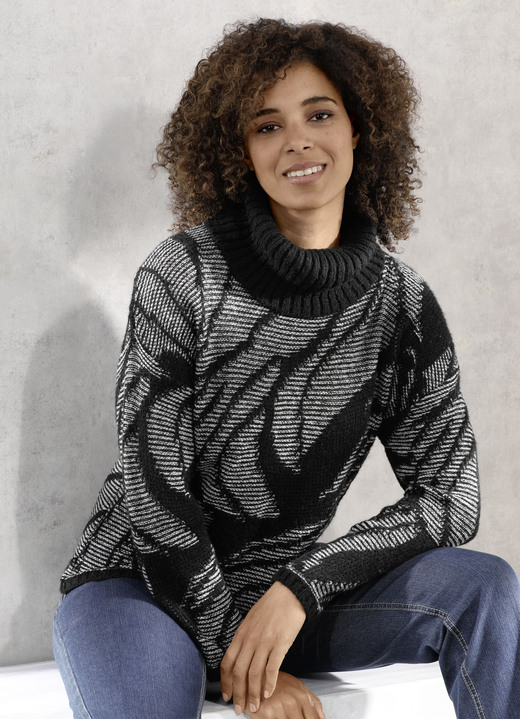 Langarm - Pullover mit flauschigem Garn, in Größe L(44/46) bis XXL(52/54), in Farbe SCHWARZ-GRAU MELIERT
