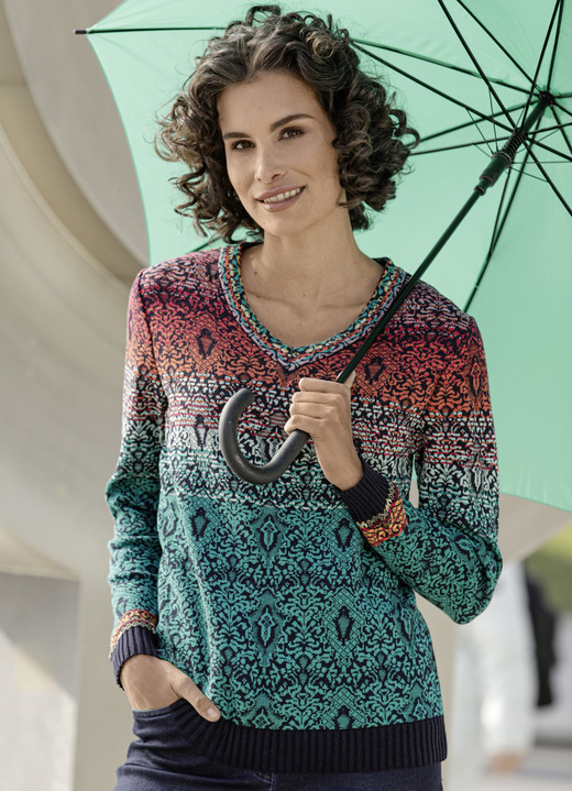 Langarm - Pullover mit zarter Struktur, in Größe 038 bis 054, in Farbe TERRA-GRÜN-MULTICOLOR