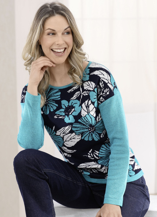 - Pullover mit Jacquard-Dessin, in Größe 038 bis 054, in Farbe PETROL MELIERT-MARINE-ECRU
