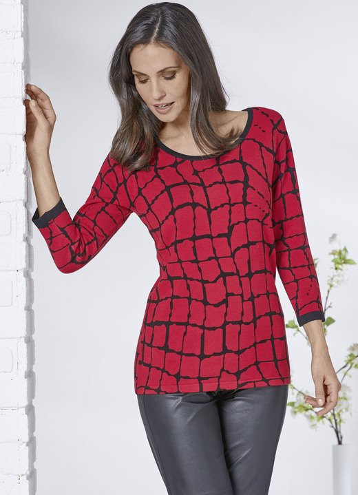 3/4-Arm - Pullover mit Alloverdruck, in Größe L(44/46) bis XXL(52/54), in Farbe ROT-SCHWARZ