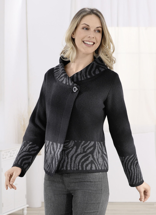 - Strickjacke mit dekorativem Kragen, in Größe L(44/46) bis XL(48/50), in Farbe SCHWARZ-GRAU MELIERT