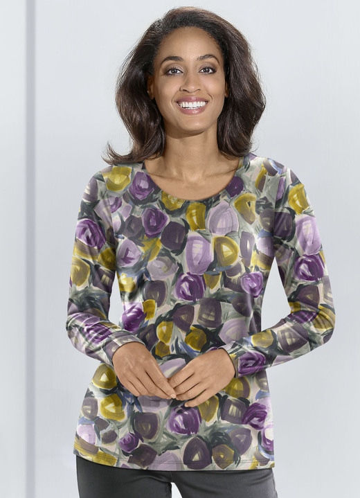 Langarm - Pullover in Feinstrick, in Größe 038 bis 054, in Farbe LILA-MESSING-MULTICOLOR