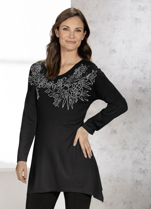 - Longshirt mit effektvoller Strasszier in 2 Farben, in Größe 038 bis 046, in Farbe SCHWARZ