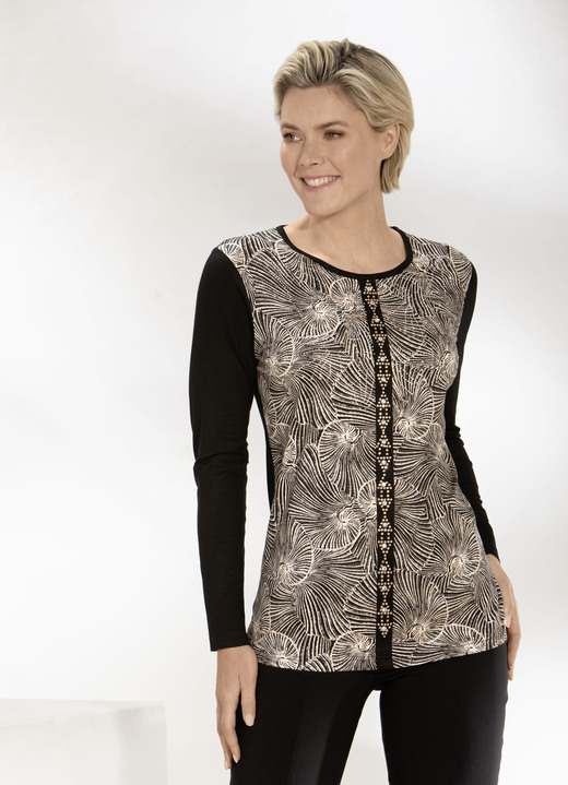 Langarm - Shirt mit aufwendiger Strass- und Schmucksteinzier, in Größe 036 bis 052, in Farbe SCHWARZ-BEIGE